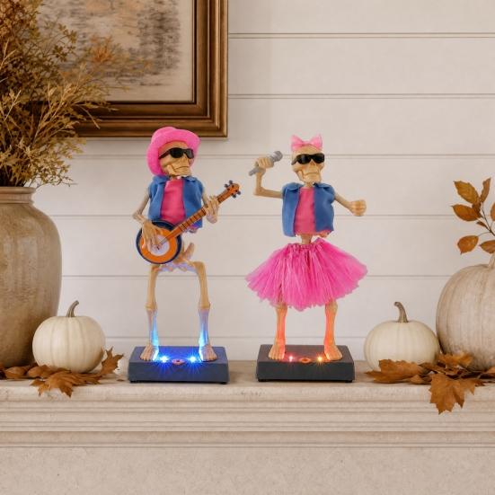 Scary Animated Skeleton Band Decoration, Lighted Halloween Skeleton Prop with Sound for Haunted House, Holiday Party Decor
