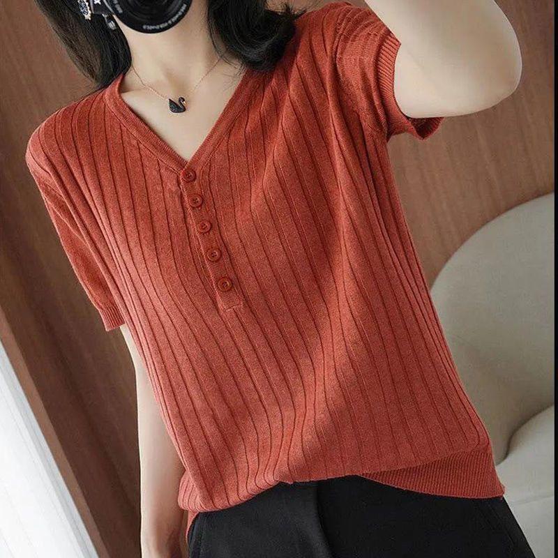 Ice Silk Short Sleeved T-shirt for Women Loose and Slimming V-neck Knitted Sweater Half Sleeved Top