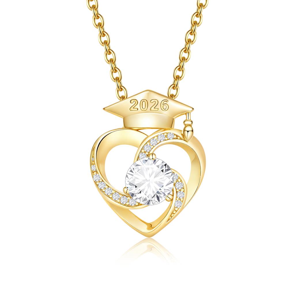 Luxury 14K Gold Plated Heart Graduation Cap Necklace for Women Zircon Pendant Class of 2026 Memorial Jewelry Gift for Daughter