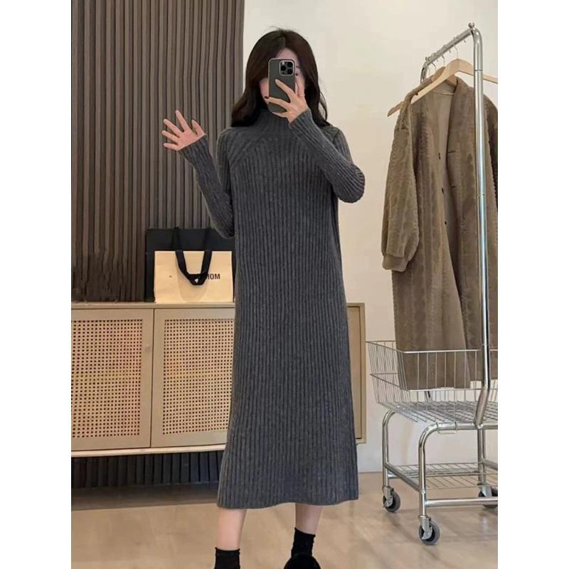 Versatile Semi-turtleneck Knitted Dress Women's Autumn and Winter New Basic Loose and Thin Medium and Long Sweater Skirt