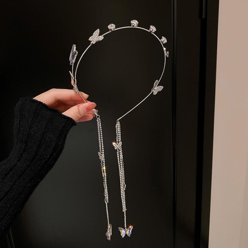 

Ободки для волос с бабочками для женщин, стразы и кристаллы, длинная цепочка с кисточками, повязка на голову с имитацией жемчуга, головные уборы, аксессуары для волос