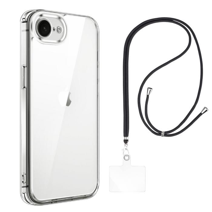 Coque et tour de cou pour iPhone 16e - TPU Souple Transparent Cordon Noir réglable Phonillico®