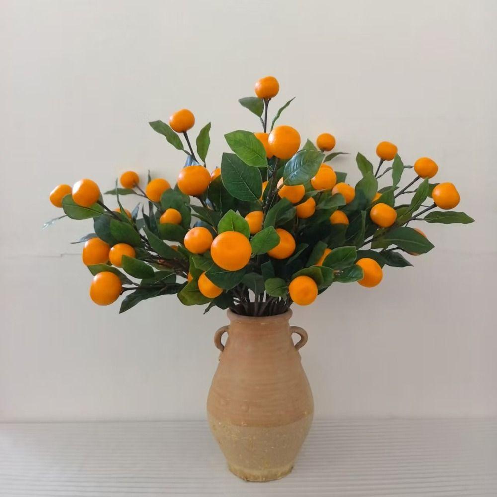 Plastic Realistic Imitation Fruit Stem Green Leaves Simulation Orange  Wall Hanging Decor