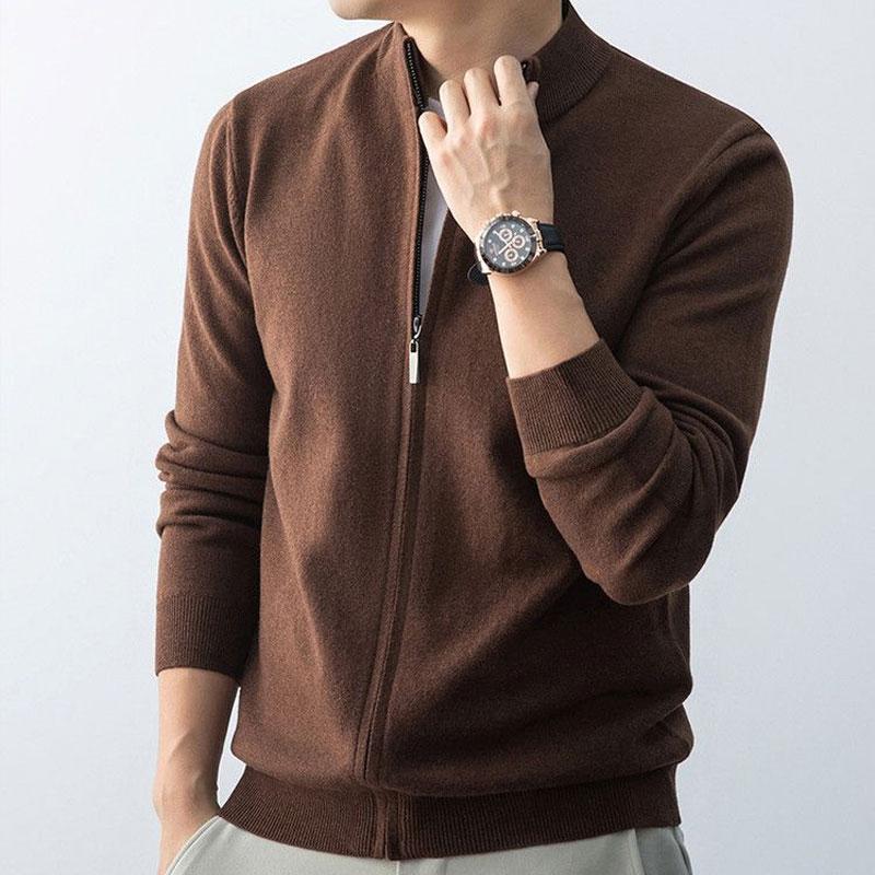 Casual Stand Collar Knitted Cardigan Men's Clothing Stylish Zipper Autumn Winter Vintage Solid Color Basic Long Sleeve Sweaters
