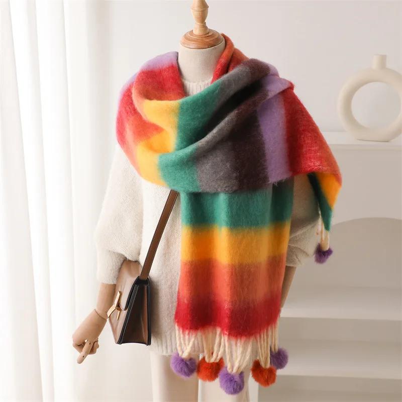 Women Cute Winter Warm Thicken Scarf Men Cashmere Imitation Scarves Fashion Girls Soft Fringed Hairball Holiday Gifts Cold Proof