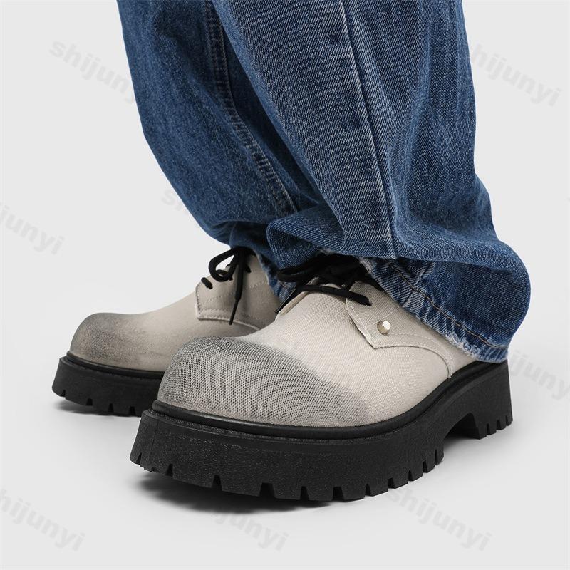 Men Canvas Leather Shoes 2025 Autumn Casual Loafers Lace Up Platform Comfortable Non Slip Fashion Derby Shoes Wedding Party