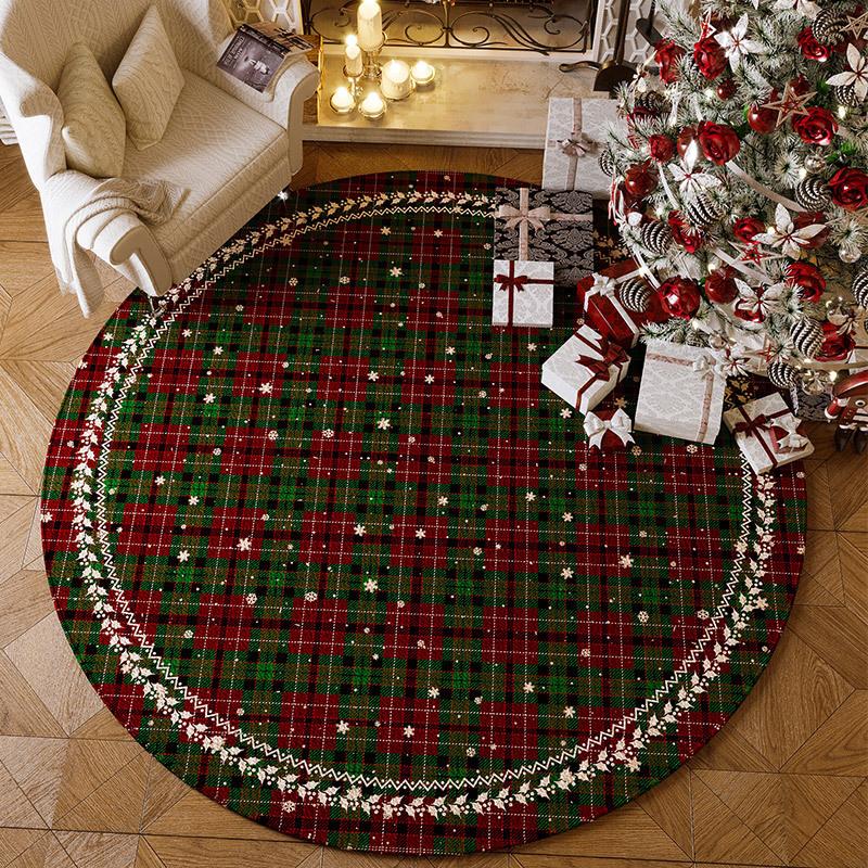 Christmas Red Plaid Snowflake Carpet Non-slip Mat Rug for Christmas Tree Living Room Home Decoration Easy Clean Bedroom Decor