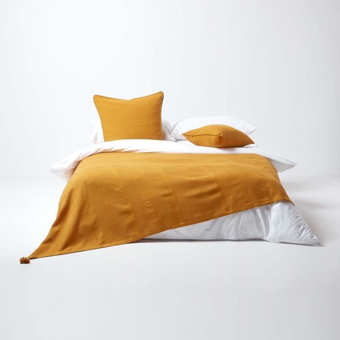 Jeté de lit ou de canapé - HOMESCAPES - Rajput - Jaune moutarde - 225 x 255 cm - 100% coton