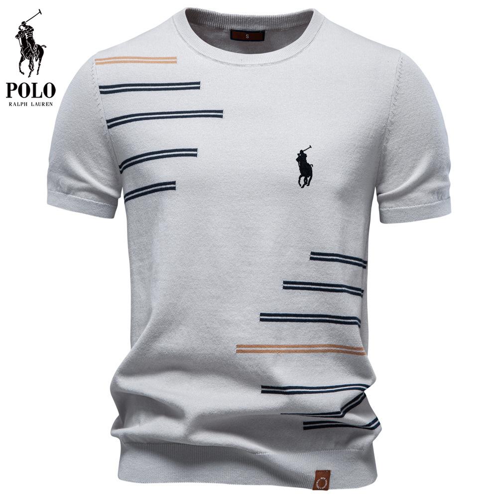 Ralph Lauren 2026 Zomer Nieuwe Stijl Geborduurd Puur Katoen Heren Korte Mouwen Wol T-shirt Casual Ronde Hals Gebreid T-shirt S zilver