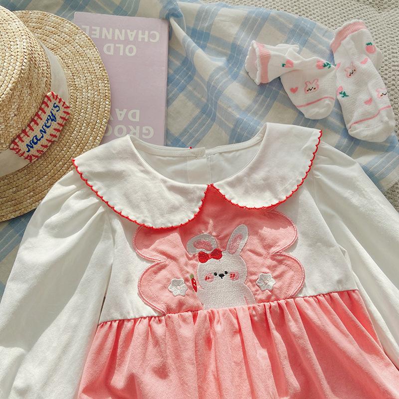 Sweet Baby Girl Dress Spring Cotton Long Sleeve Rabbit Embroidery Peter Pan Collar Toddler Princess Dress For Kids