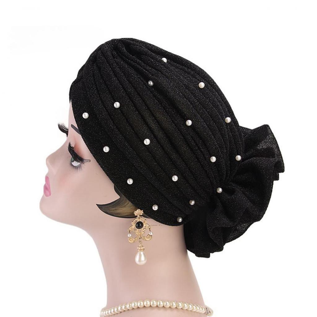 Women Big Flower Headband Cap Faux Pearl Decor Hijab Turban Hat Head Wrap