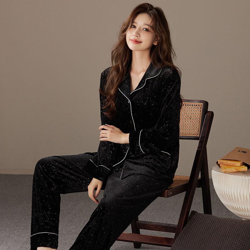Women’s Luxury Velvet Pajama Set Autumn Winter Long Sleeve Top and Pants Soft Gold Velvet Loungewear Two Piece Set