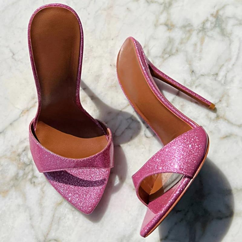 Sexy Pink Mules Shoes Women's Slippers 2025 Summer Slides Female Stiletto High Heels Footwear Large Size Party Shoes Brand