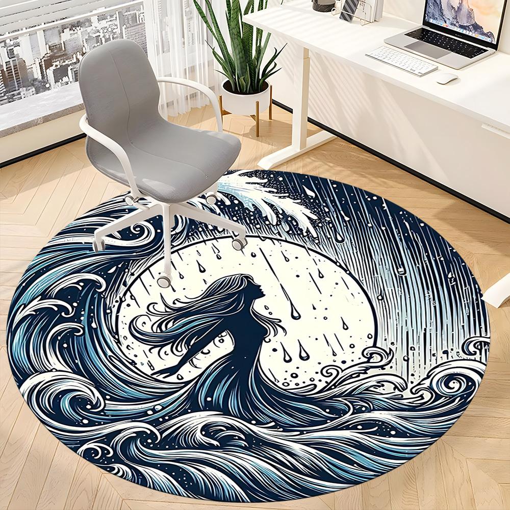 1pc Ocean Waves Office Round Area Rug, Indoor Mat Suitable For Office, Under Office Chairs Bedroom Living Room Home Decor234