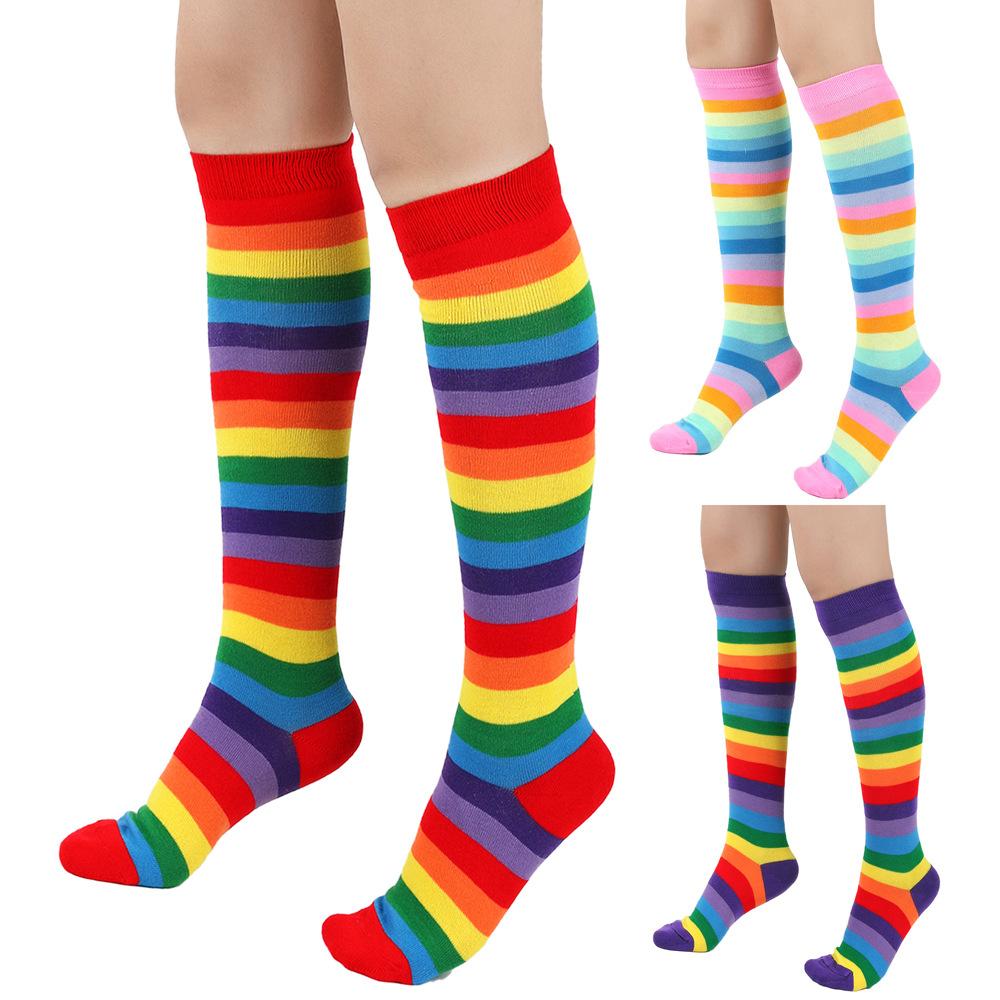 Chaussettes longues en coton à rayures arc-en-ciel pour femmes, chaussettes colorées à la mode, bas hauts de cuisse, skateboard pour filles hip hop, au-dessus du genou