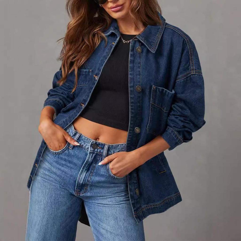 European & American Style Women's Denim Jacket with Large Pockets and Button Long Sleeves