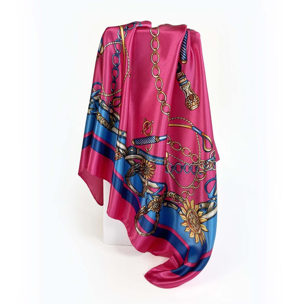 Black and Gold Belt, Fashionable Silk Scarf, Affordable Luxury Chain, Printed Square Scarf, Headscarf, Wrap Top, Faux Silk Satin for Women
