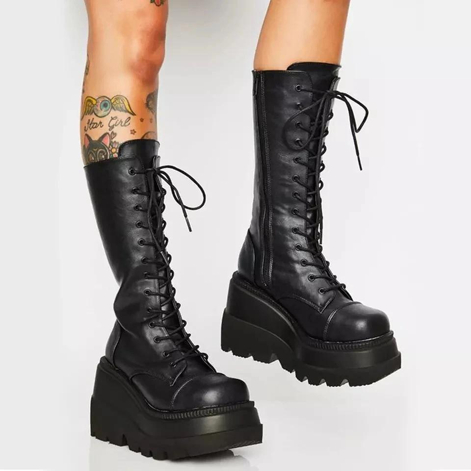 Fashion Punk Women Platform Boots Elastic Microfiber Chunky Heel Mid-calf Ladies Boots 2024 Spring Autumn Brand Black Goth Women Shoes