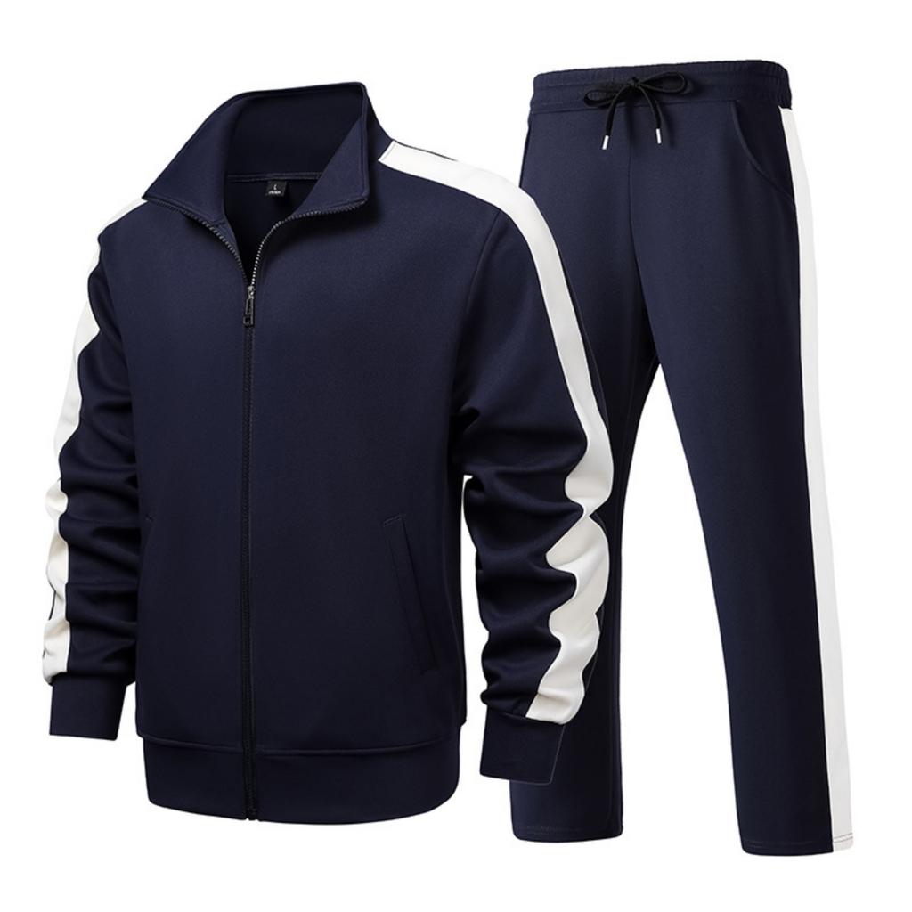 Men's Casual And Fashionable Long-sleeved, Lapel, Color-blocking Zipper Jacket, Long Pants And Sporty Slim-fit Suit