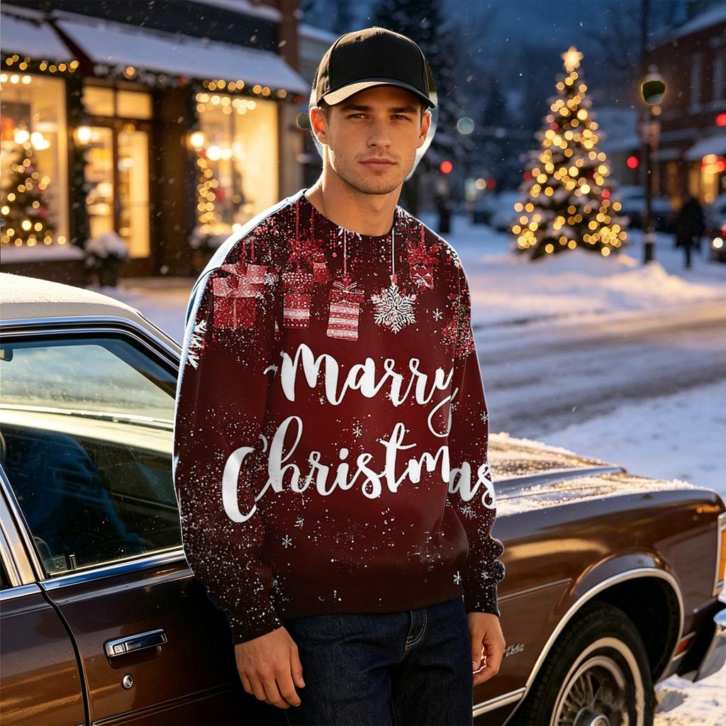 Men's Casual Loose Fit Long Sleeve Round Neck Printed Top for Everyday Wear