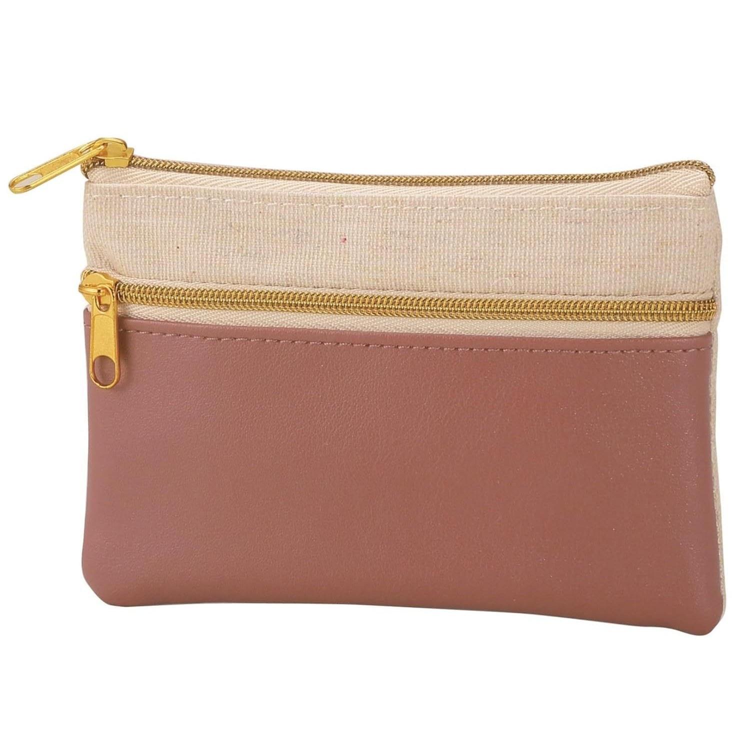 Slim Flat Cosmetic Pouch Double Zipper Small Item Holder (Pink)