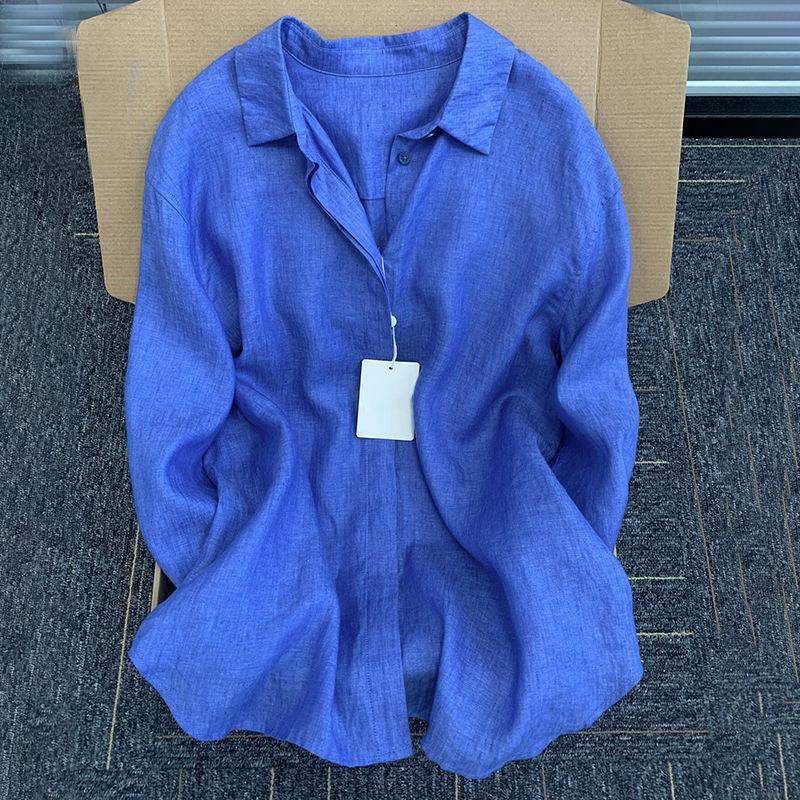 Women Linen Shirt Casual Loose Long Sleeve Thin Summer Top Pure Color Turn Down Collar French Style Sunscreen Clothing