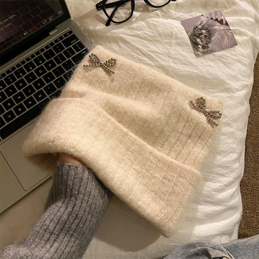 Bow Knitted Pullover Hat Fluffy Winter Wool Hat Windproof Cat Ears Beanie Hat Outdoor