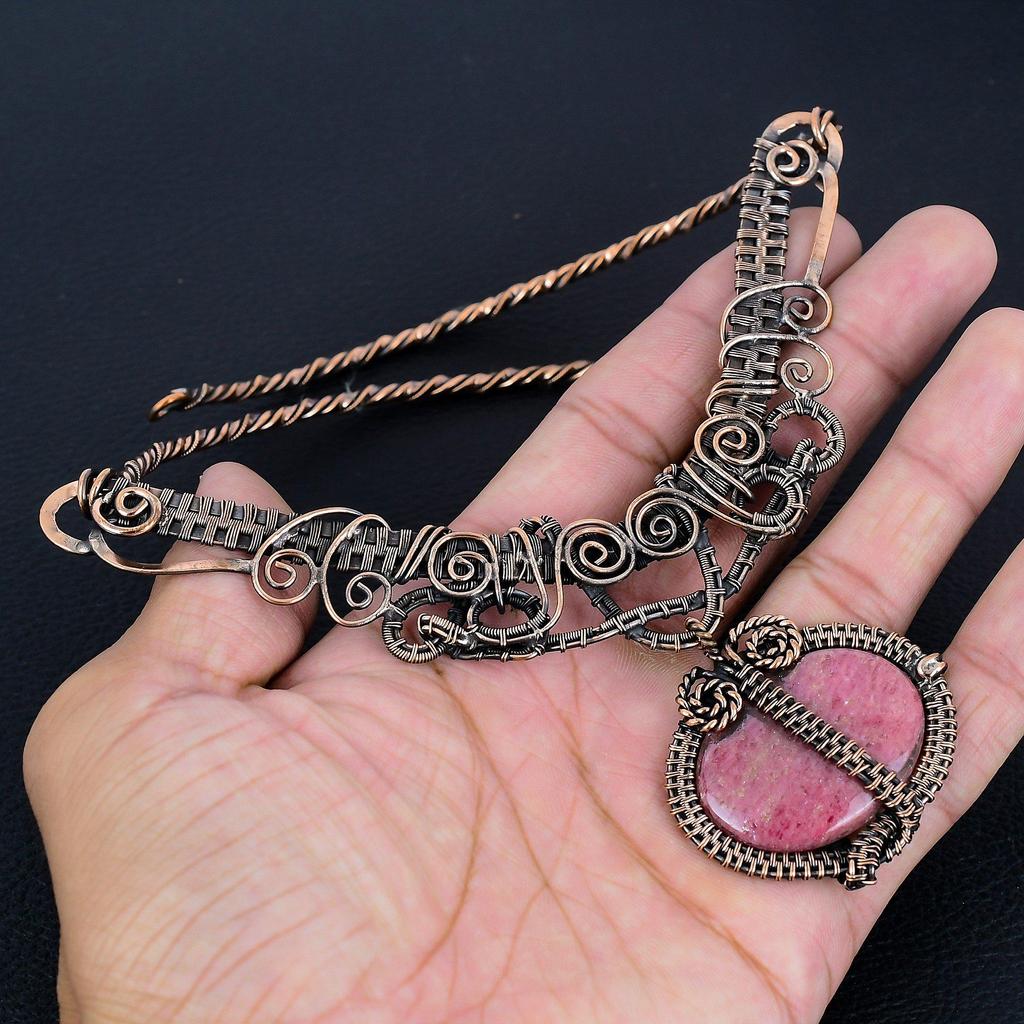 Thulite 999 Copper Wire Wrapped Necklace with Adjustable Chain, Handmade Gemstone Jewelry Necklace For Memorial Day