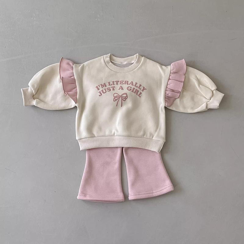 Trendy Spring & Autumn Girls' Lace Bow Cartoon Two-Piece Set