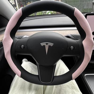 Ultratunn Halkfri Svettsugande Rattöverdrag med Kort hållare för Tesla Model 3/Y för Alla Årstider