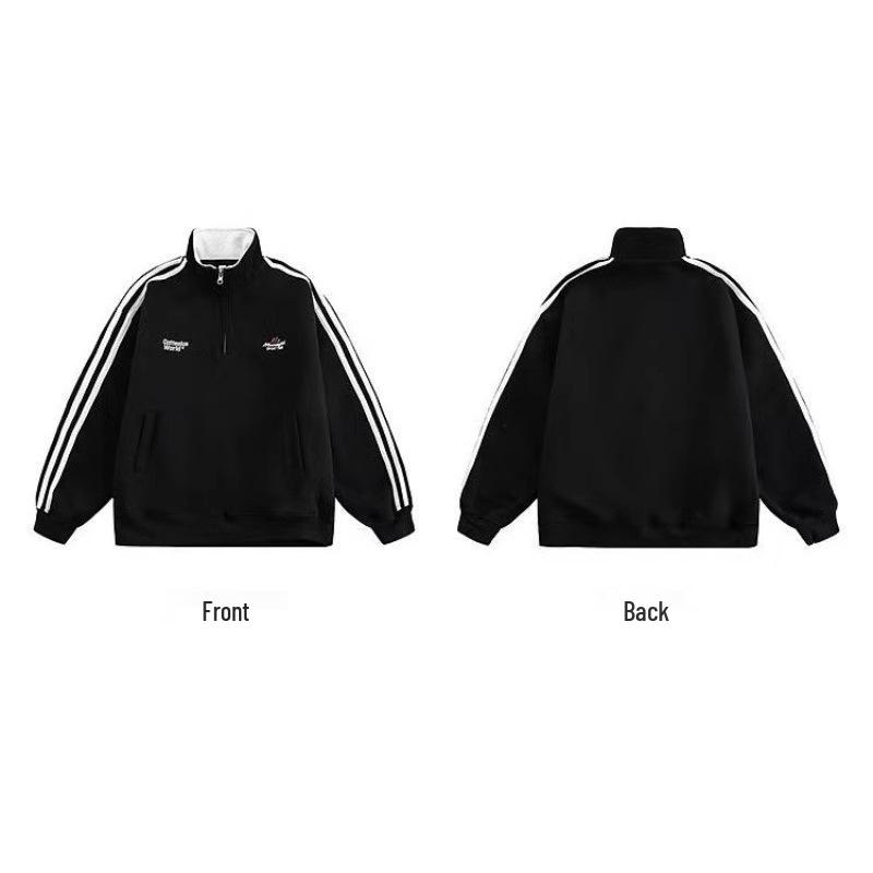 Men's Striped Heavyweight Half-Zip Hoodie, Loose Fit with Letter Embroidery and Stand-Up Collar - Versatile Autumn/Winter Sportswear Jacket