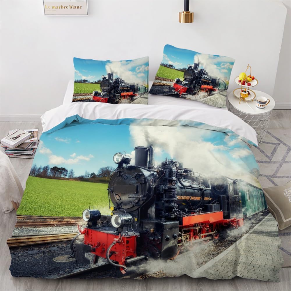 Train Duvet Cover set 2 Pieces, Soft Microfiber Bedding Set with Zipper Closure 3D Retro Train Comforter Cover with Pillowcases
