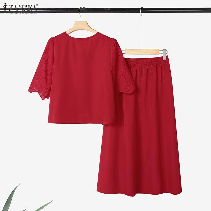ZANZEA Women Short Sleeve Crochet Blouse and Long Skirts Summer Two Piece Sets