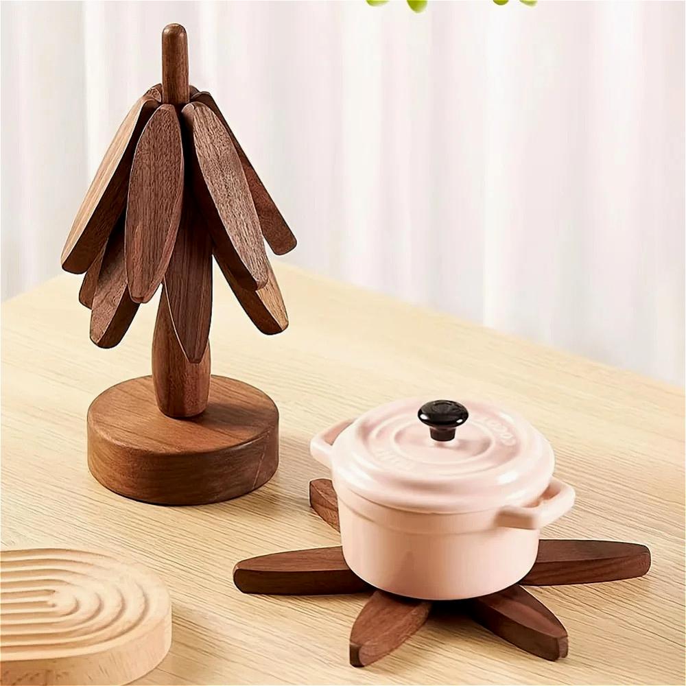 4PCS Wooden Trivets for Hot Dishes Folding Tree Shape Black Walnut Table Mat Holders Heat Insulated Pad Set Coasters for Pots