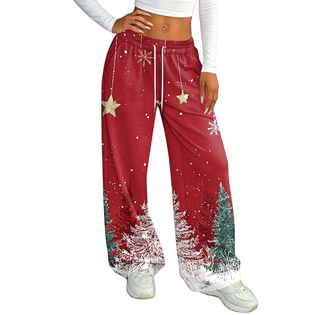 Dames Casual Kerstprint - Gevoerde Losse Rechte Broek met Elastische Tailleband