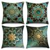 4 Stück/Set Grüne Goldene Mandala Kissenbezüge, Marokkanische Geometrische Kissenhüllen, Polyester/Leinen, Boho Luxus Heimdekoration