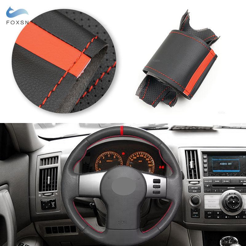 Interiérové doplňky do auta Kryt volantu Kožený lem s červeným pruhem Pro Nissan Pathfinder III Xterra Navara Frontier