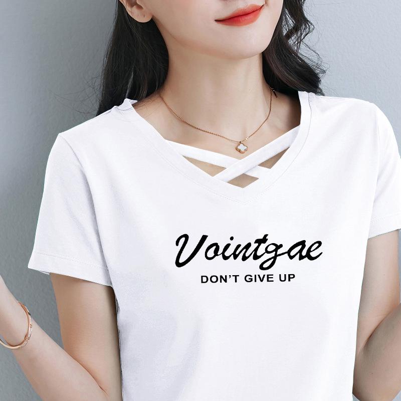 

Женская хлопковая футболка с V-образным вырезом, больших размеров, с коротким рукавом, свободного кроя, в корейском стиле, летняя мода. L (90-105 jin)