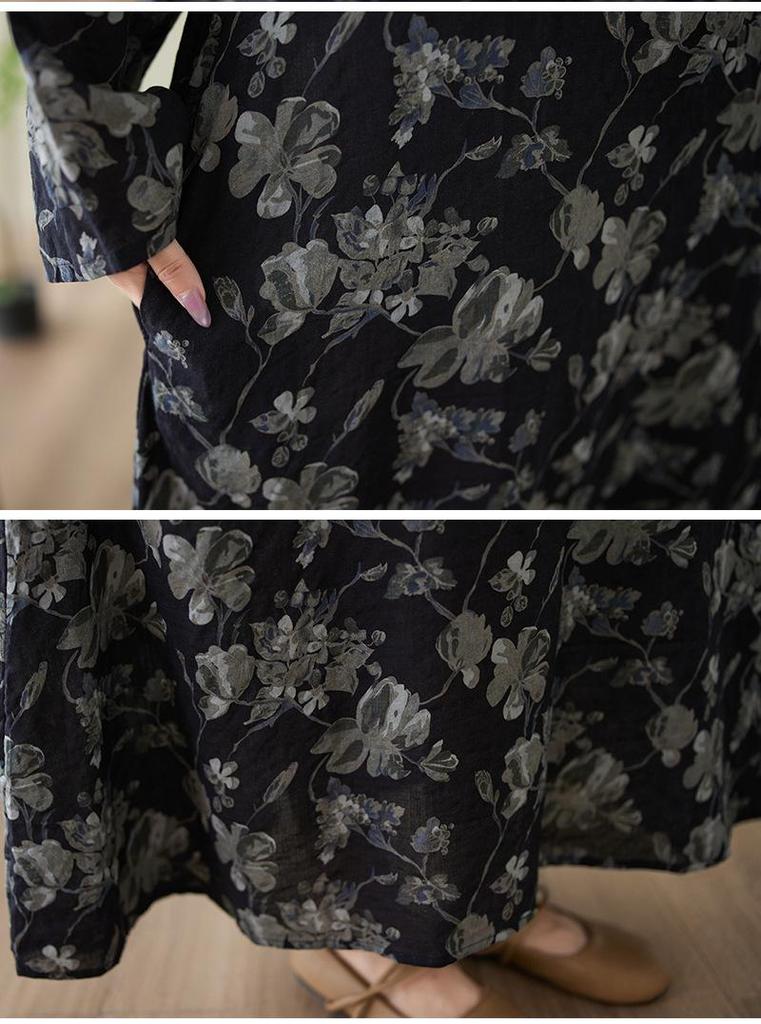 Plus Size Cotton Linen Printed Round Neck Long Sleeve Holiday Dress