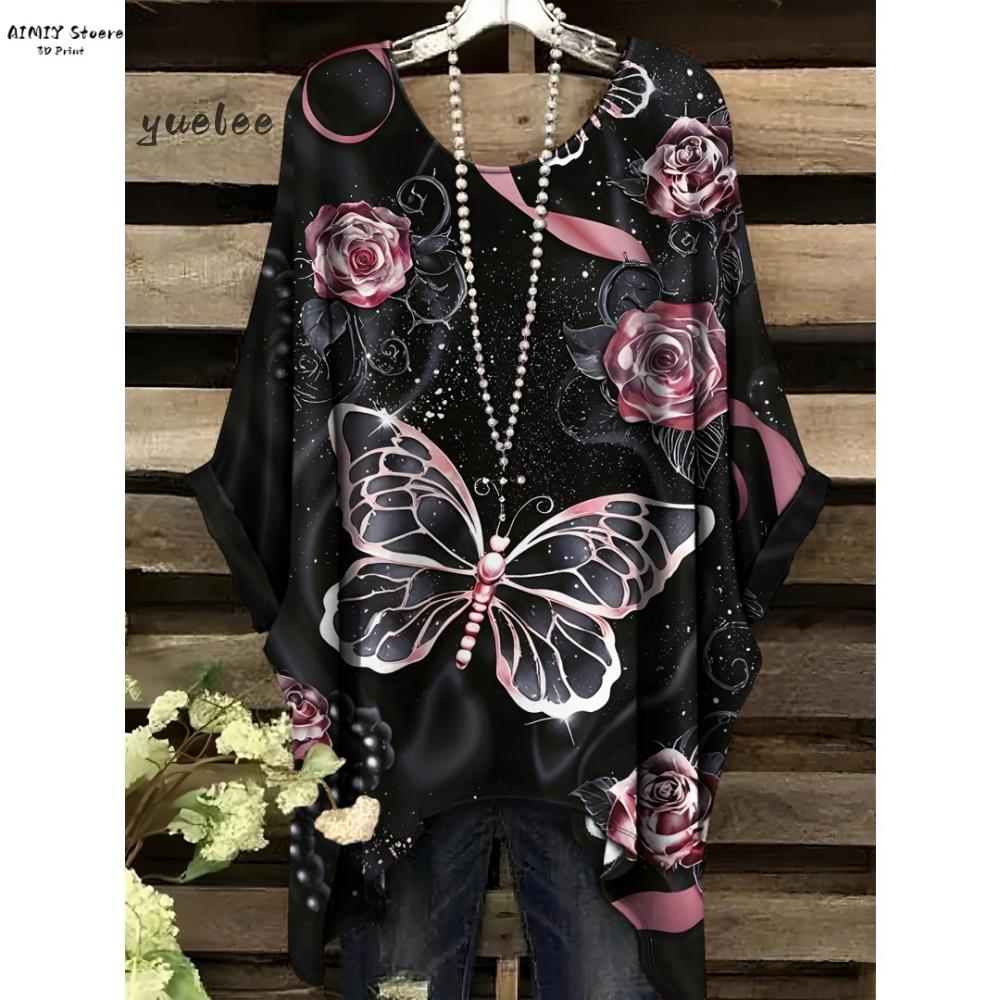 

Women s Casual Short Sleeve T-Shirt - Round Neck Butterfly & Dandelion Seed Print Relaxed Fit Durable Comfort Woman Clothes 5XL