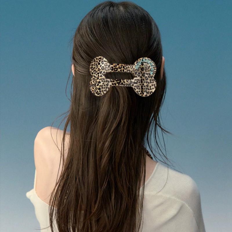 Bone Shape Hair Clip With Polka Dot Leopard Plaid Print Bangs Styling Womens Accessory Sweet Chic Headwear
