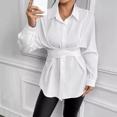 Mode femme décontracté printemps automne couleur unie imprimé manches longues col POLO Blouses et chemises