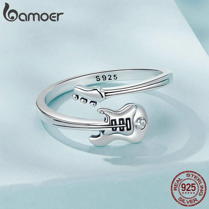 BAMOER 925 Silver Bass Ring for Women Teen Girls, Adjustable Ring with Guitar Shaped CZ Birthday Gifts SCR1042-E
