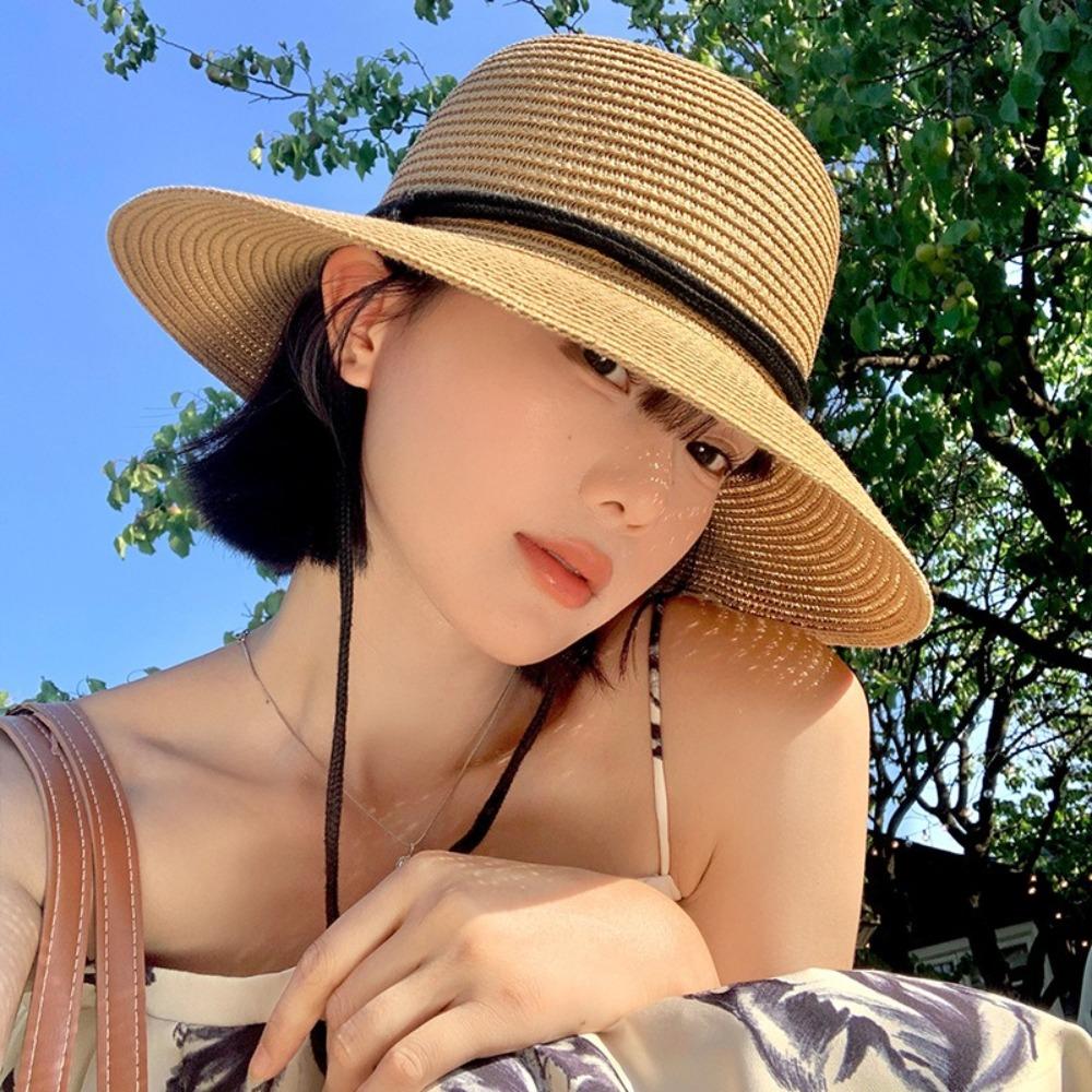 Foldable Women's Straw Hat Summer Visor Cap Retro Straw Bucket Hat  Men Women