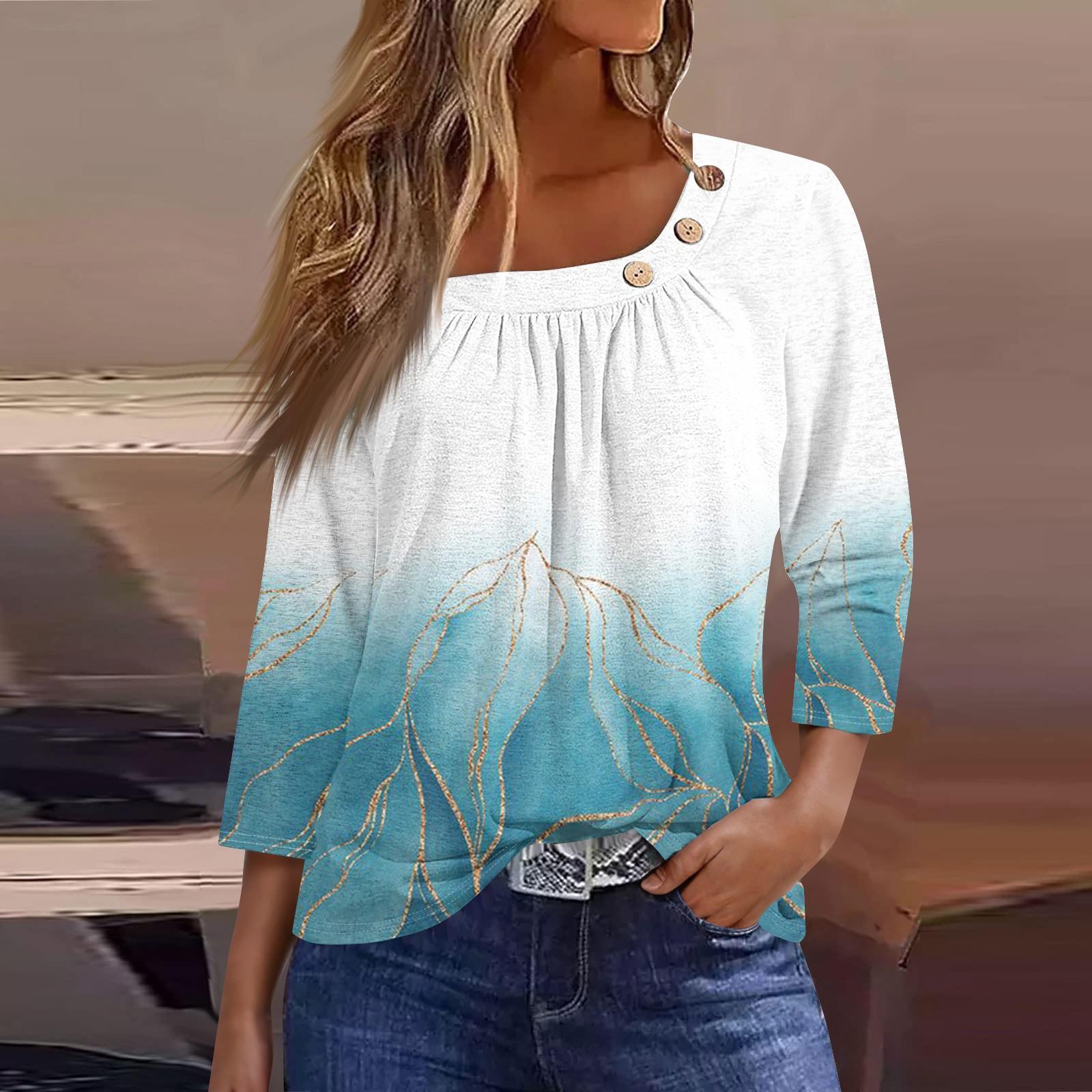 

Жен. Футболка Футболка С принтом Пуговицы Рукав 3/4 Повседневные Выходные Мода Классический Классический Верх XL белый