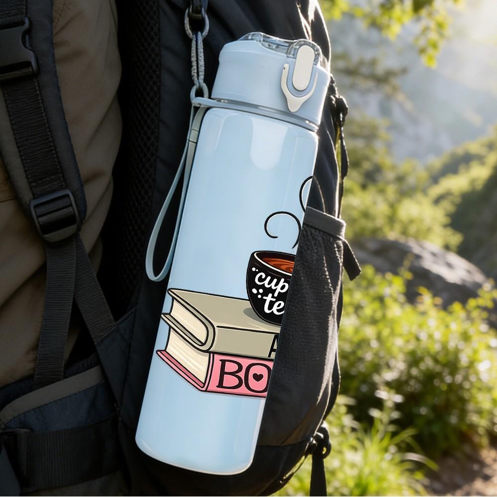 1PC Coffee Cup Stack Book Art Print 750ml Color Plastic Sports Water Bottle Leakproof Flip Straw Lid Suitable for Sports Office Home Use