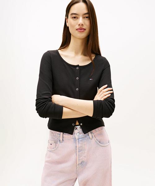 Tamijinseu Rib Snap Button Long Sleeve T-Shirt (T32G0Tto01Twt2Bds)