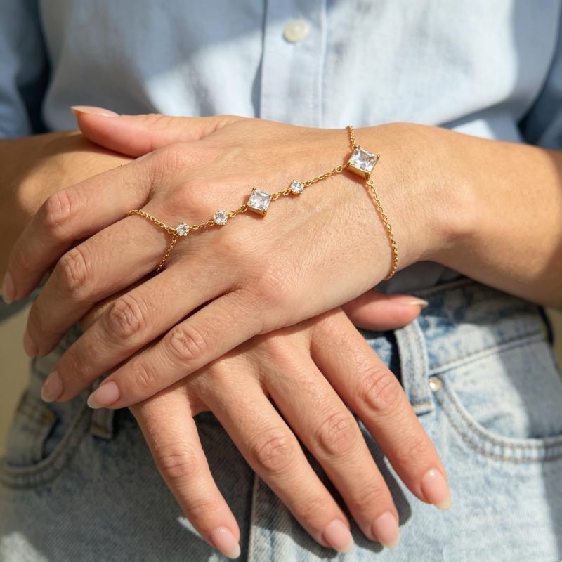Minimalist Stainless Steel Cubic Zirconia Hand Chain Bracelet Ring For Women Square Cz Finger Wedding Party Wrist Jewelry Gift