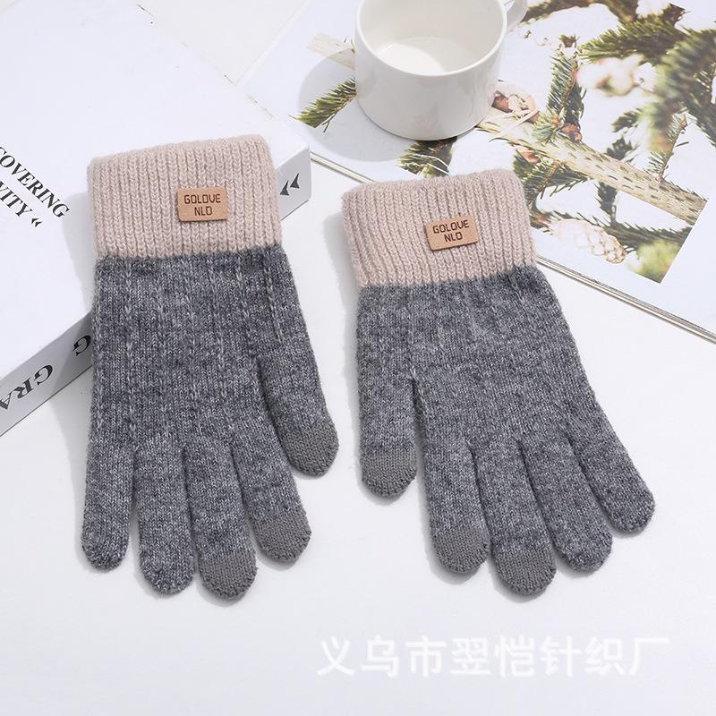 Fleece thickened warm and cold-proof five-finger gloves, riding fleece students winter windproof jacquard knitted gloves