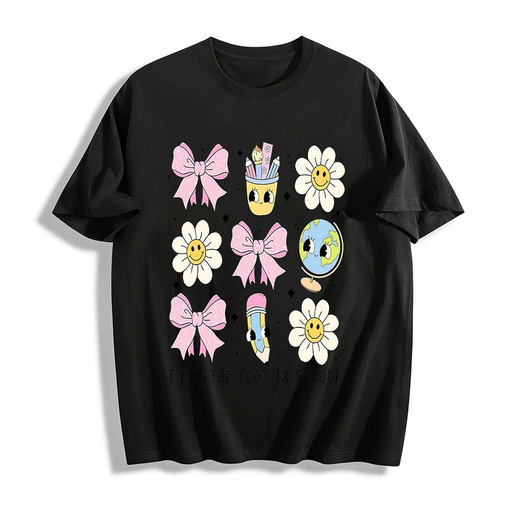 I Put The Cool In School Bow Flower Graphic Top Pure cotton T-shirt XXS
